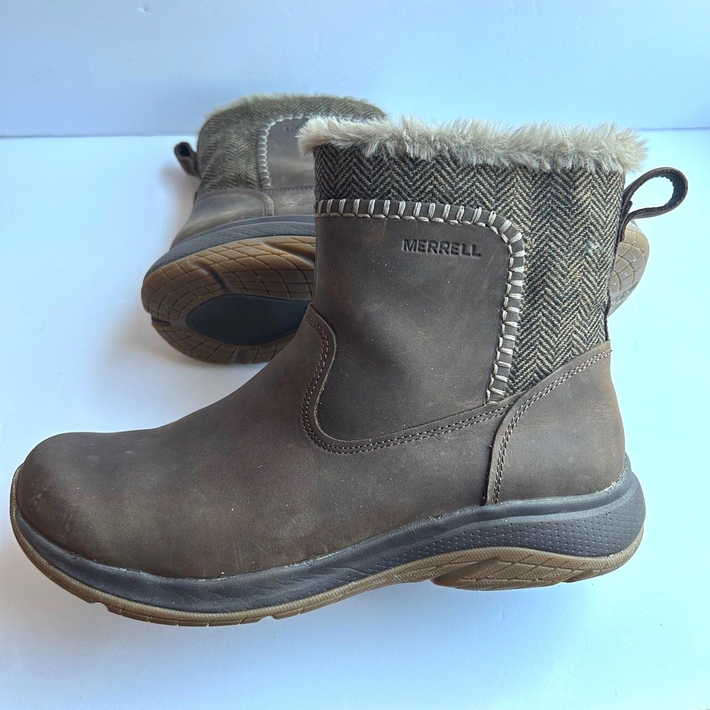 Merrell Encore Ice 5 Mid Zip Up Ankle Boots Women 9 Bracken Brown WP Leather EUC